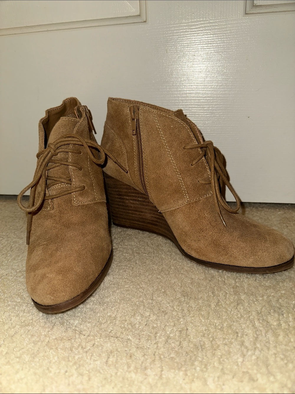 Lucky Brand Tan Suede Lace-Up Wedge Booties